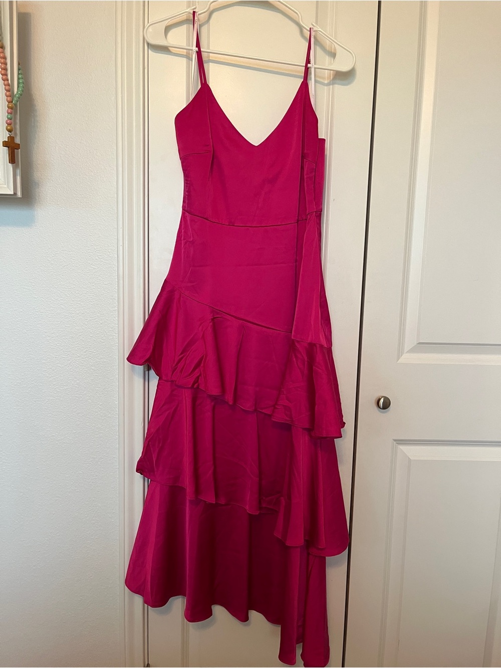 Lulu's Hot Pink Satin High-Low Ruffle Slip Dress